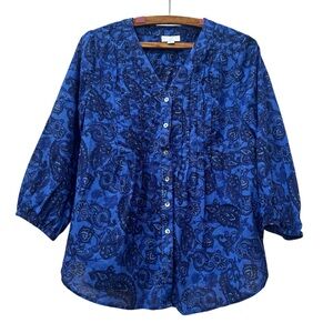 J Jill Blue Paisley 100% Cotton Blouse Top Shirt Pleated Peasant Style PS Small